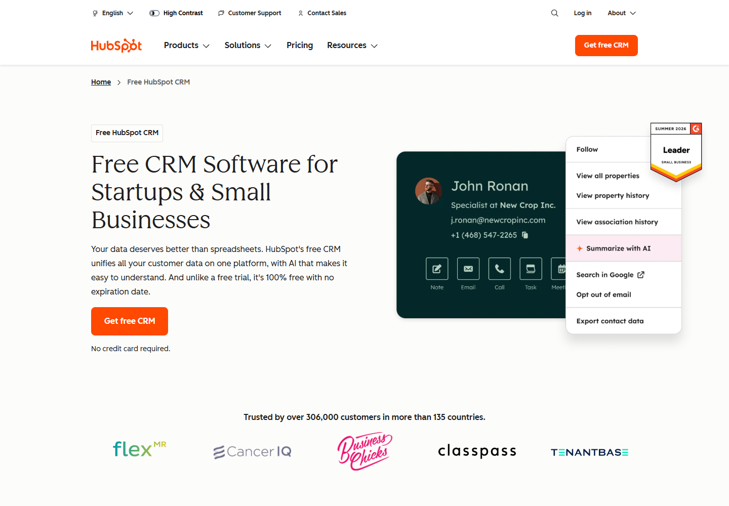 HubSpot CRM official homepage showing its shared customer platform