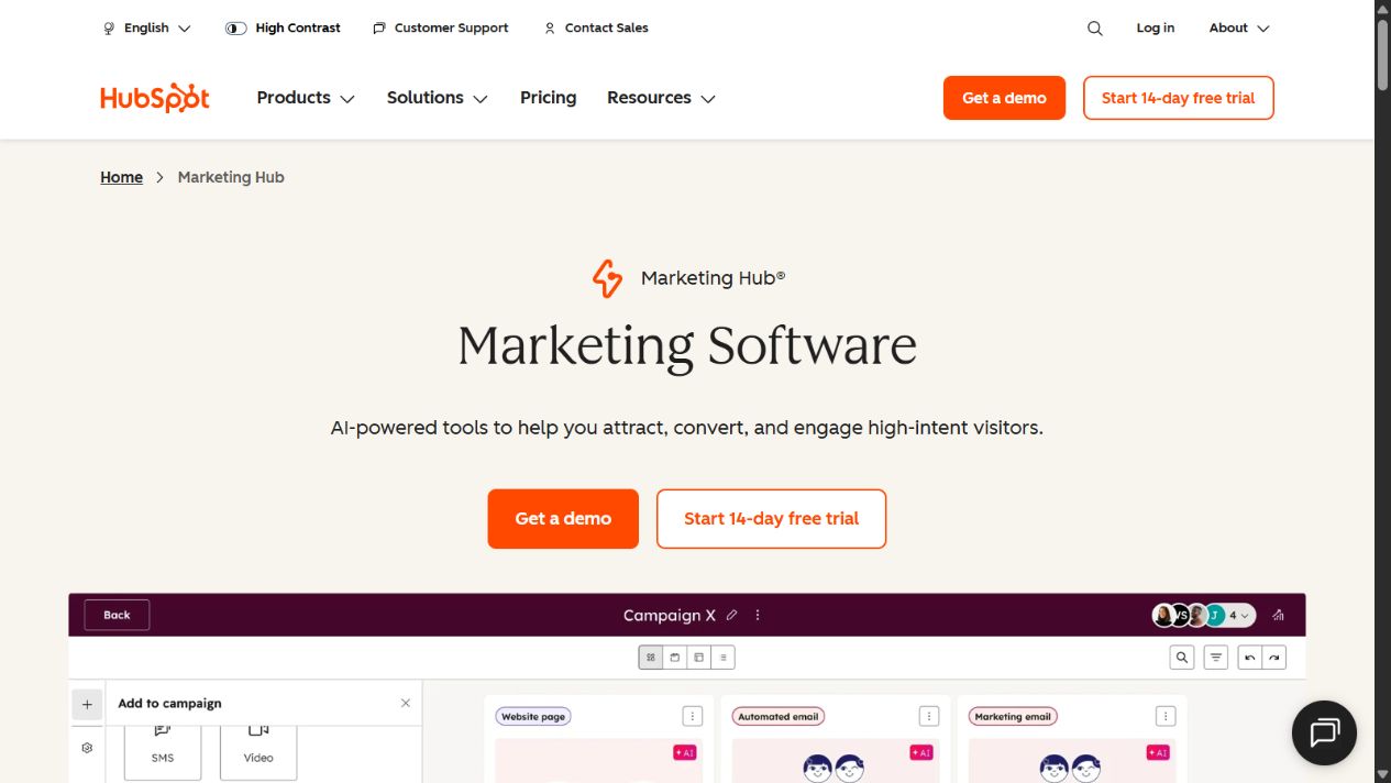 HubSpot Marketing Hub official page showing its marketing software positioning
