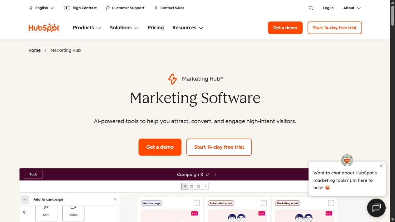 HubSpot Marketing Hub official homepage showing its connected marketing platform