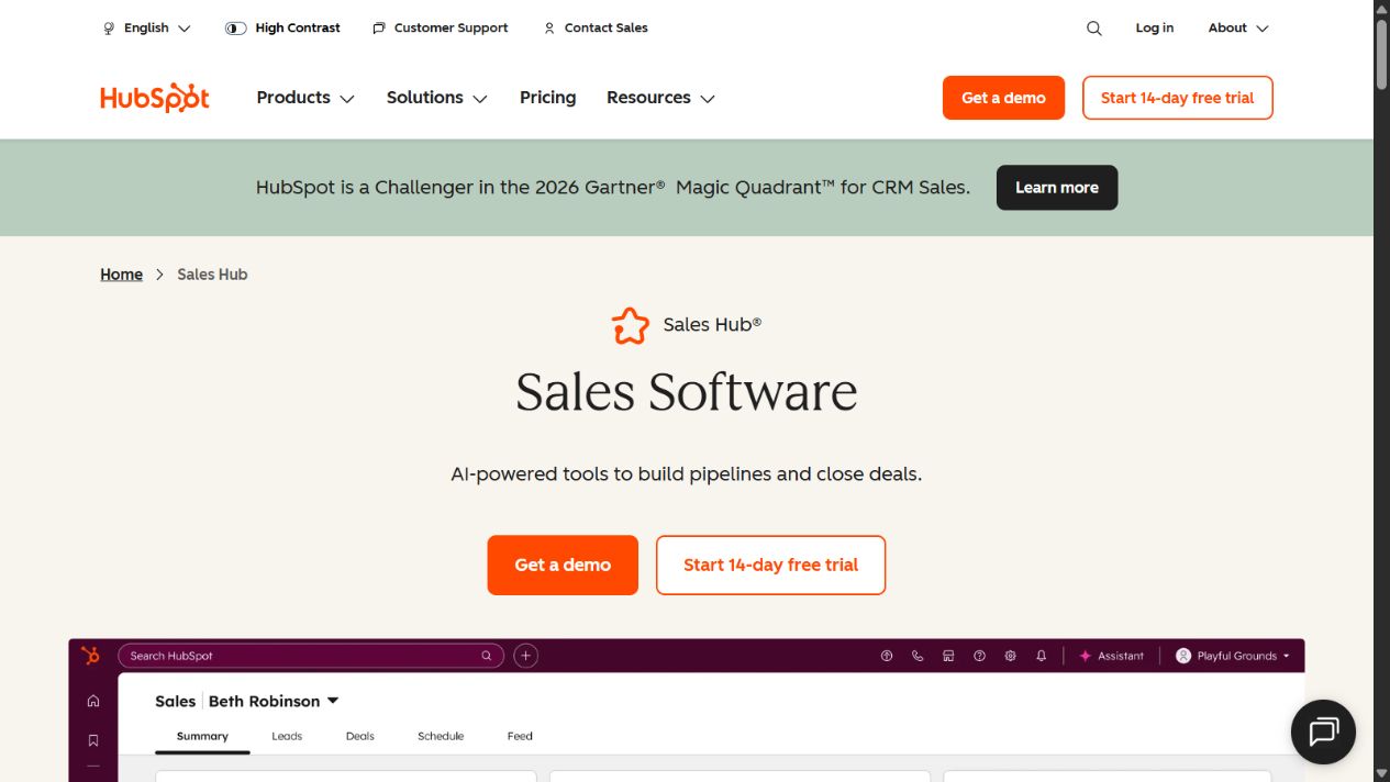 HubSpot Sales Hub official homepage showing its connected sales platform