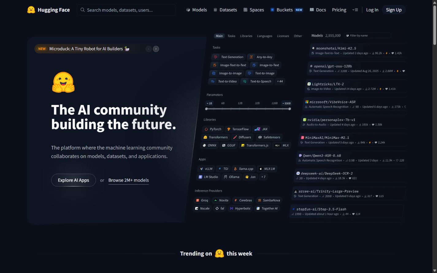 Hugging Face official homepage showing models, datasets, and Spaces