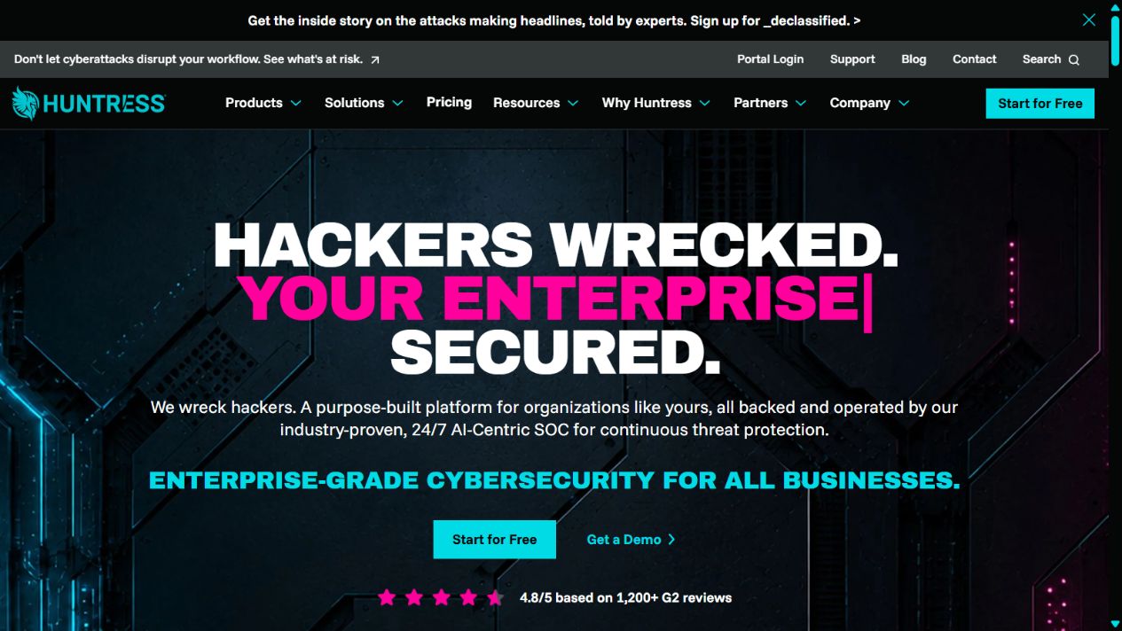Huntress official homepage showing its managed security platform and 24/7 SOC positioning