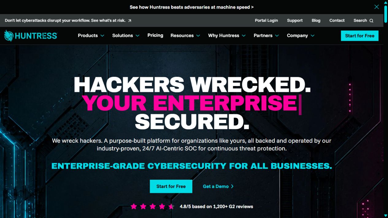 Huntress official homepage showing its managed security platform and 24/7 SOC