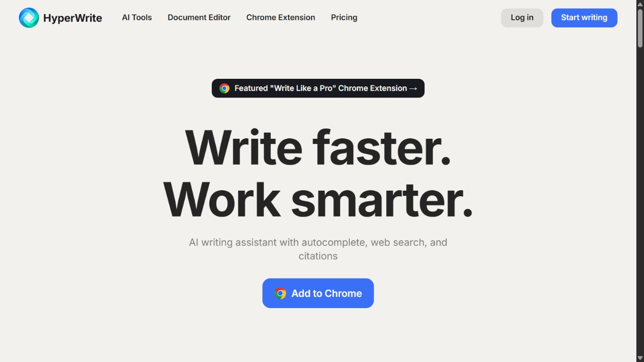 HyperWrite official homepage showing its writing, research, and autocomplete positioning