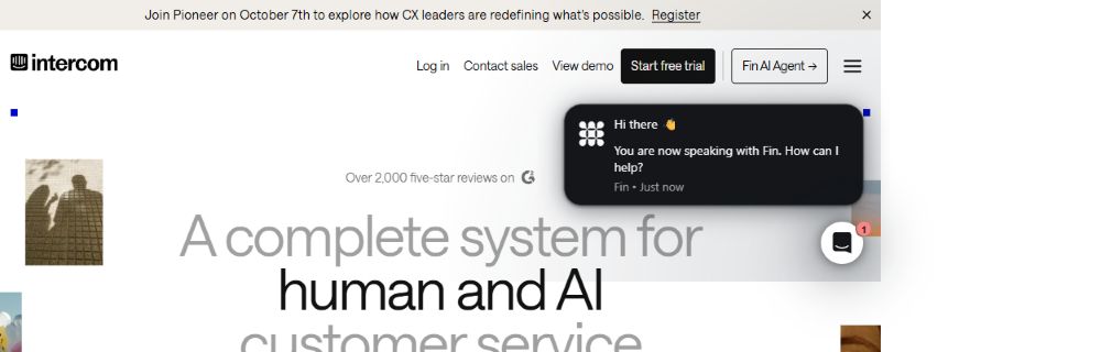 Intercom official homepage showing its human and AI customer service positioning