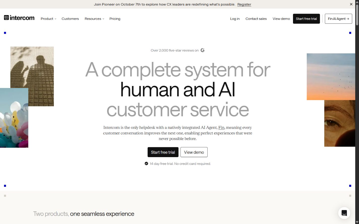 Intercom official homepage showing its AI-assisted customer service platform