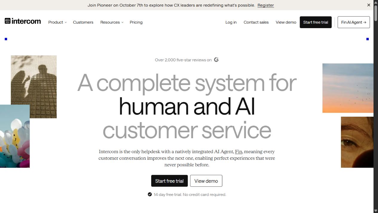 Intercom homepage presenting its human and AI customer service system