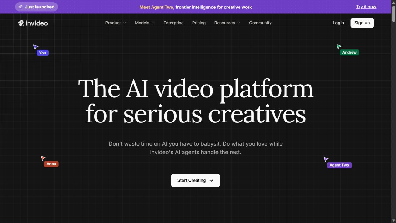 InVideo AI official homepage showing its prompt-to-video workspace