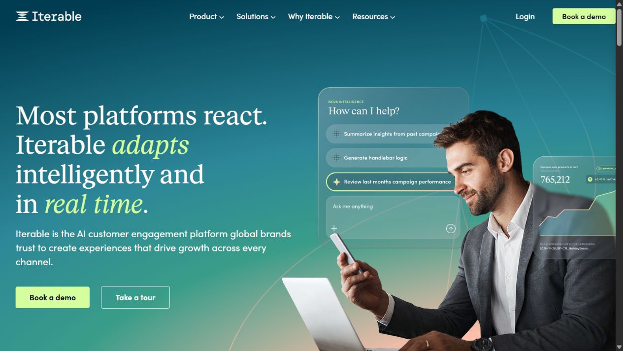 Iterable official homepage showing its cross-channel marketing platform