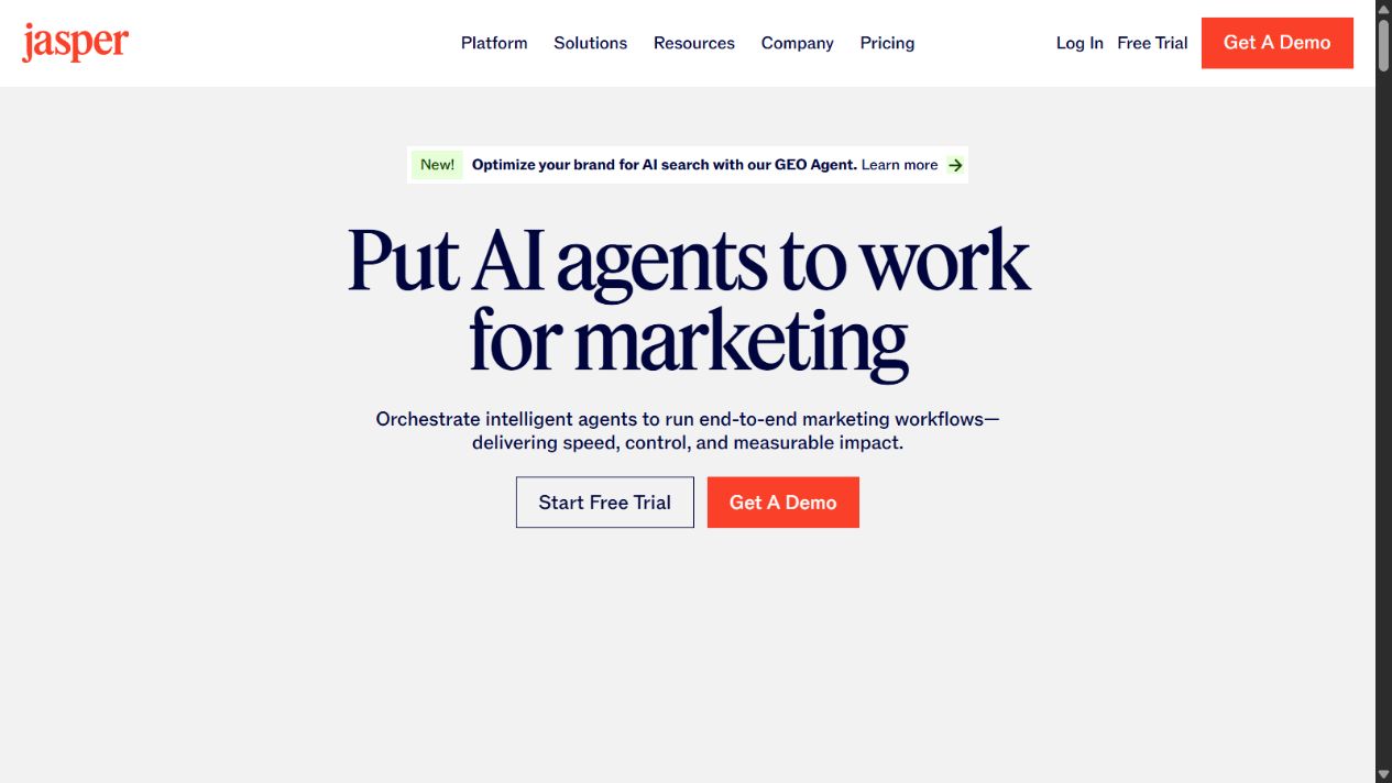 Jasper official homepage showing its marketing AI platform