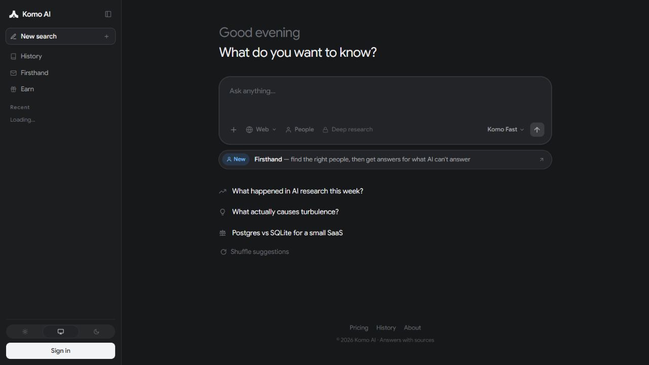 Komo official AI search homepage