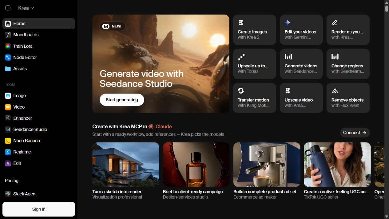 Krea official homepage showing image, video, editing, enhancement, real-time, and creative workflow tools