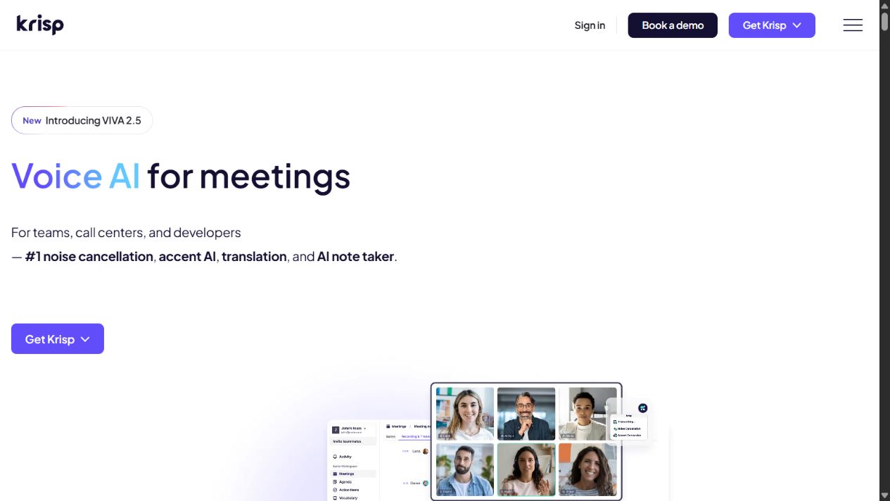 Krisp official homepage showing its voice AI and meeting-assistant positioning