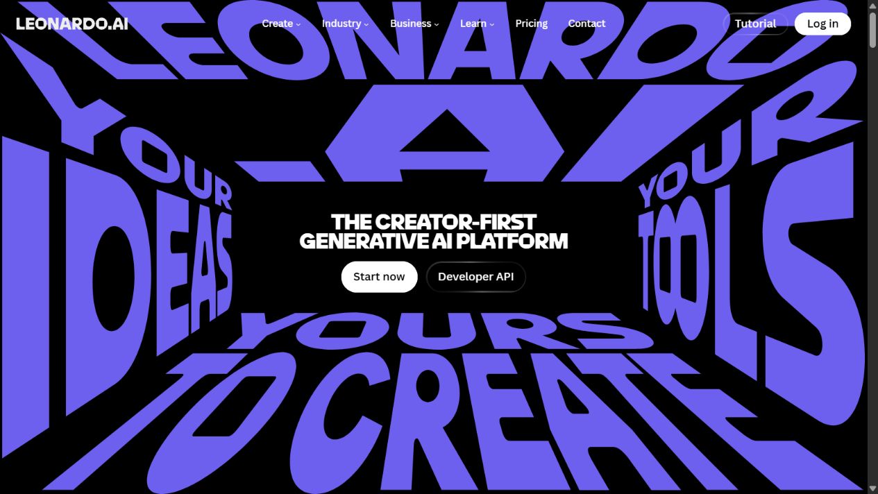 Leonardo AI official homepage showing its creator-first generative platform