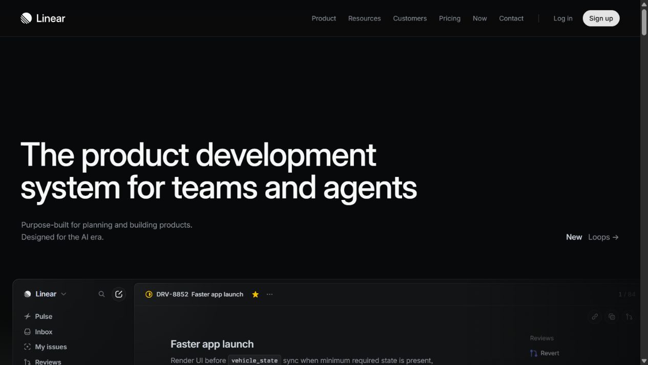 Linear official homepage showing its product development system