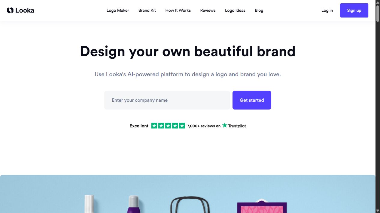 Looka homepage introducing its logo and brand identity workflow