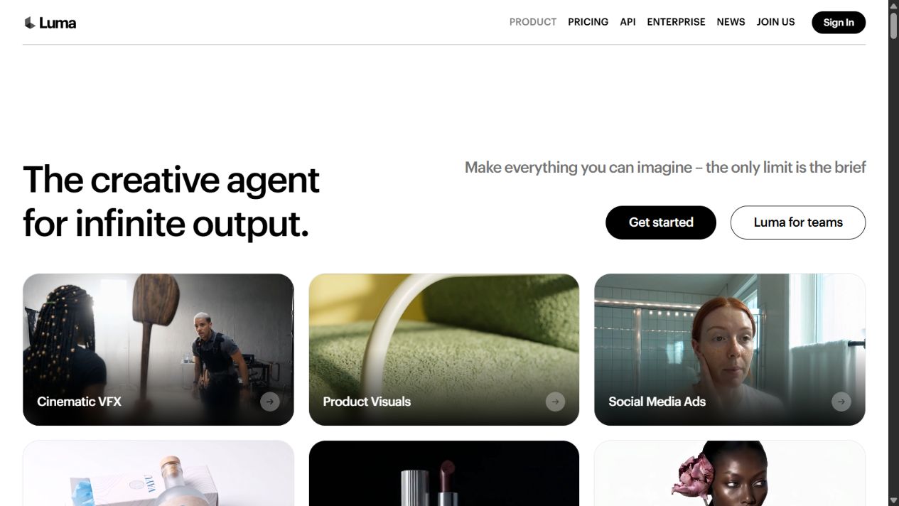 Luma homepage presenting its creative agent and visual-production use cases