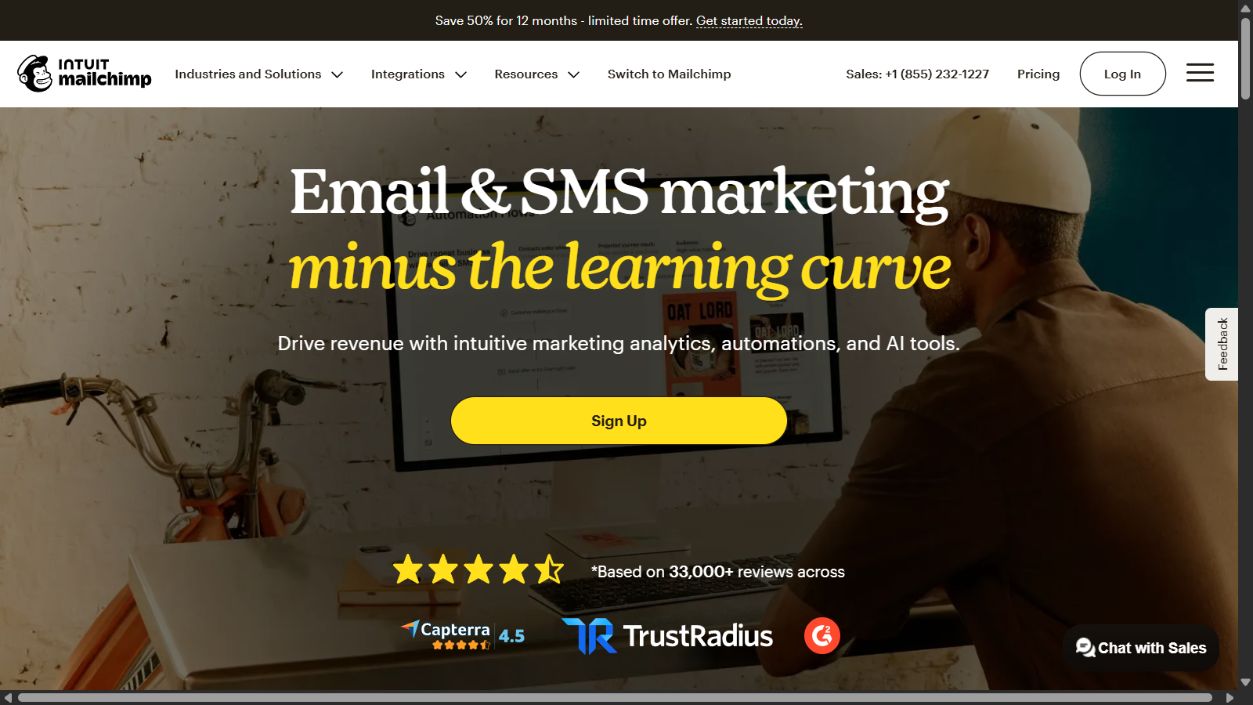 Mailchimp official homepage showing its email and SMS marketing positioning