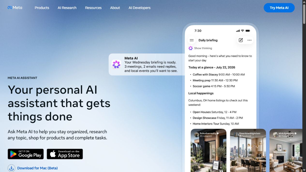Meta AI official homepage showing its consumer AI assistant