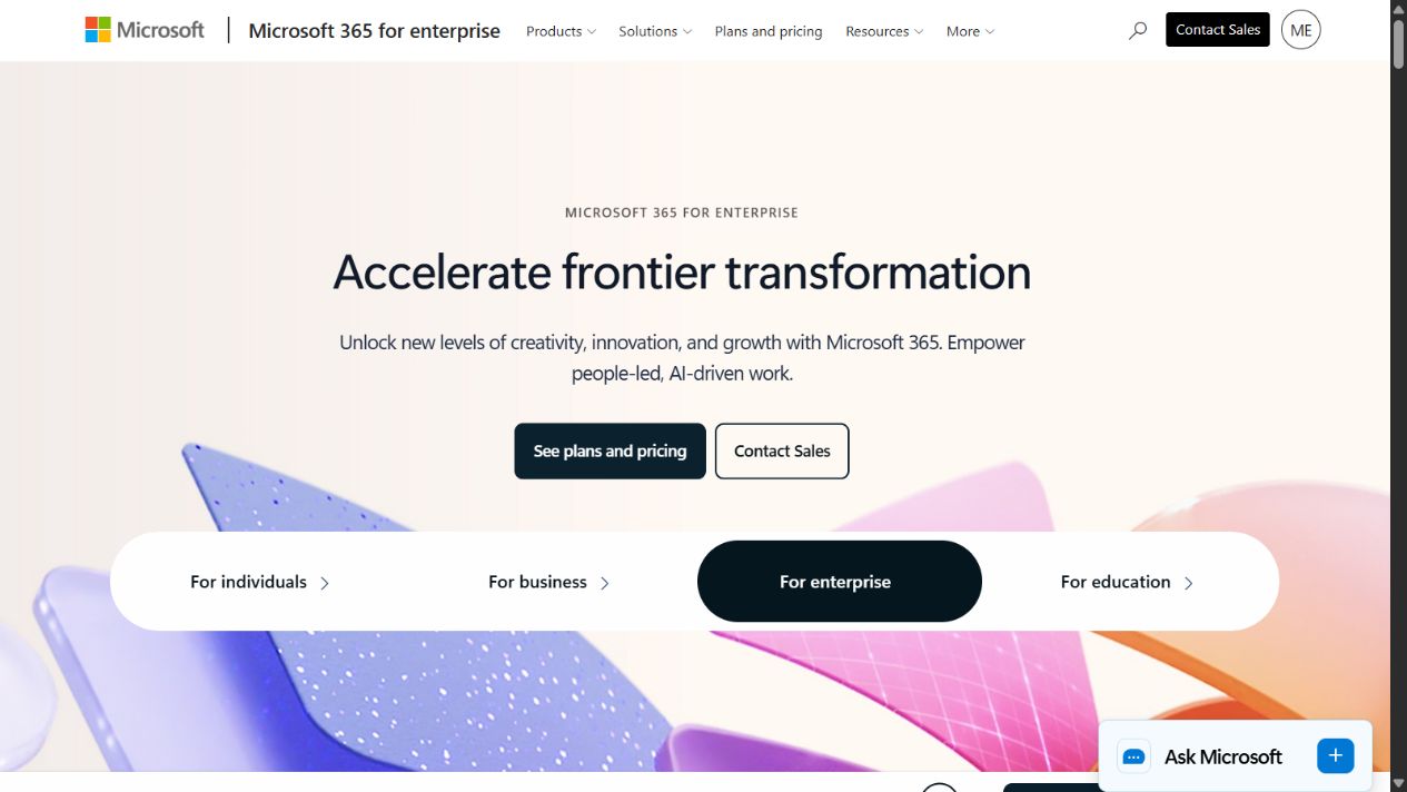 Microsoft 365 official enterprise homepage showing its productivity and AI platform