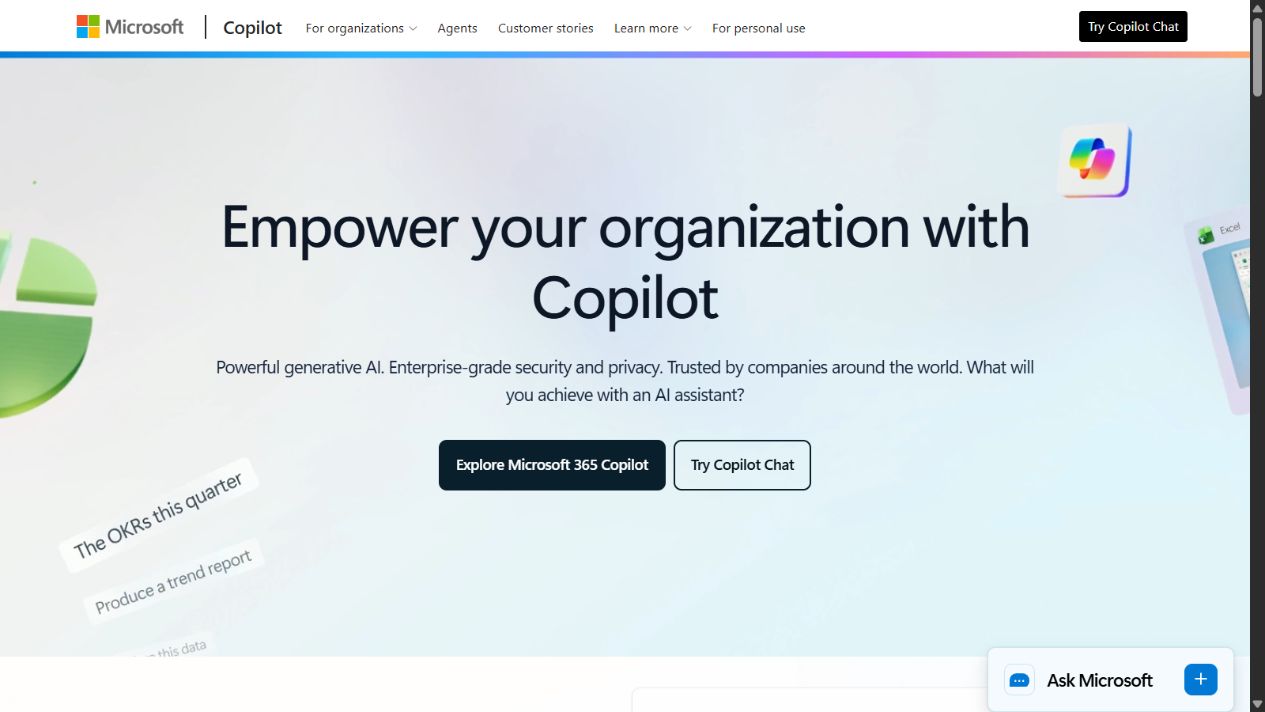 Microsoft Copilot official homepage showing Microsoft&rsquo;s AI assistant