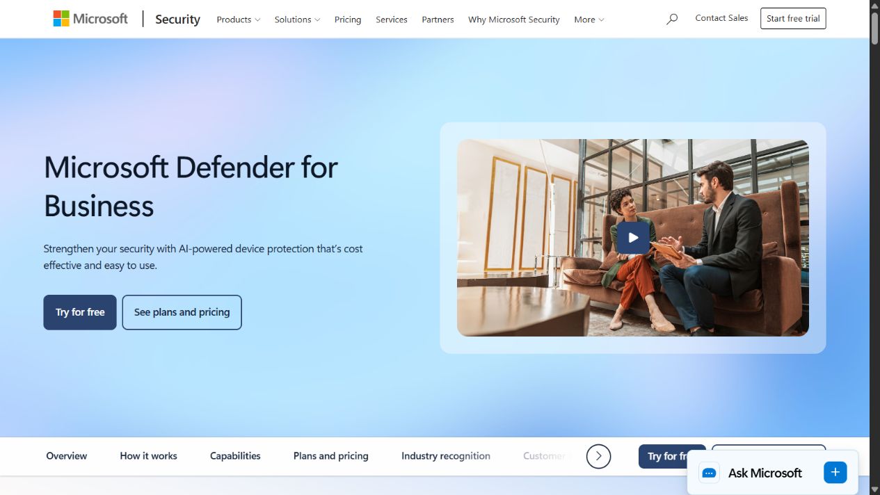 Microsoft Defender for Business official homepage showing endpoint security capabilities