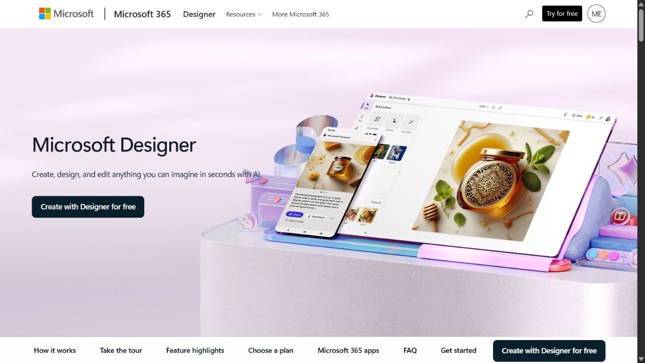 Microsoft Designer official homepage showing its AI design and image editing experience