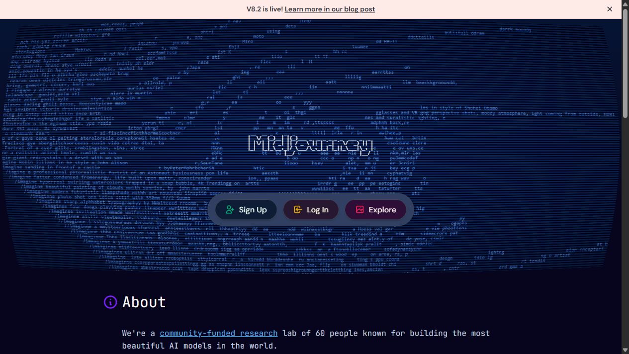 Midjourney official homepage presenting its image creation and exploration environment