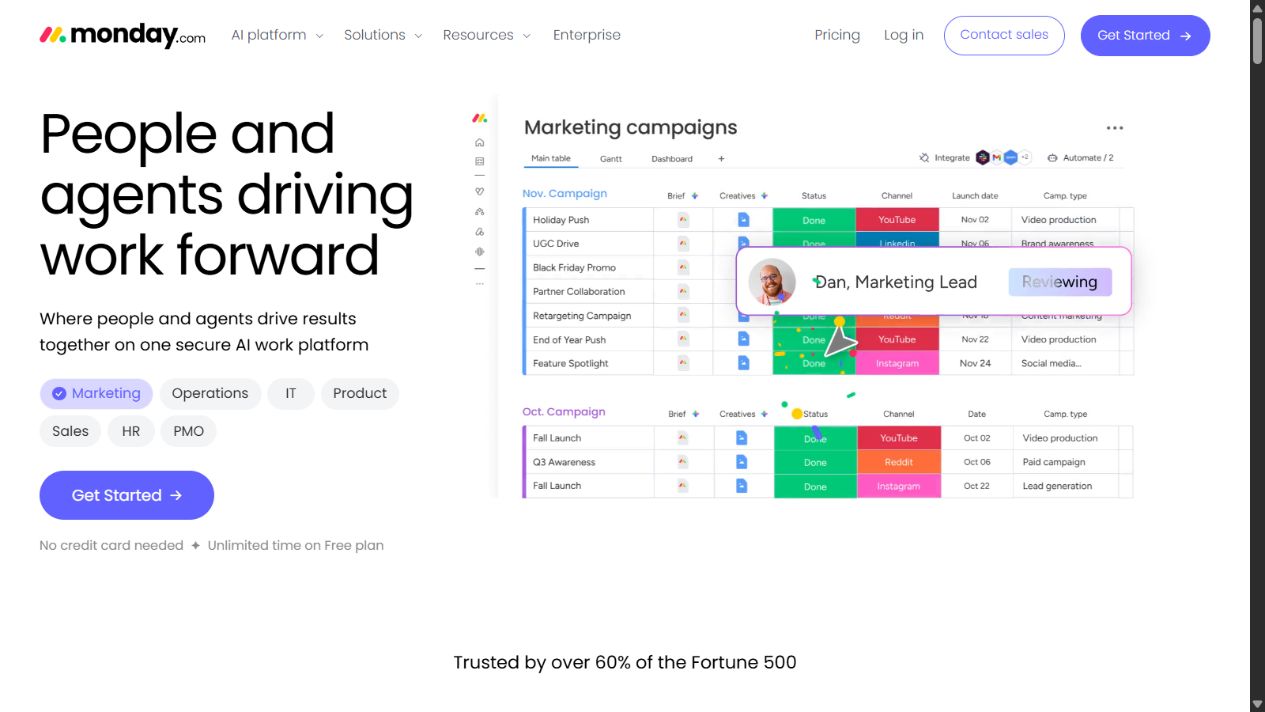 monday official homepage showing its configurable work-management platform