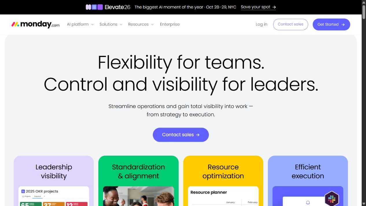 monday work management official enterprise homepage showing leadership visibility and flexible execution