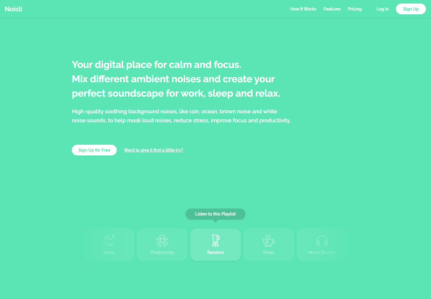 Noisli official homepage showing its ambient sound and focus environment