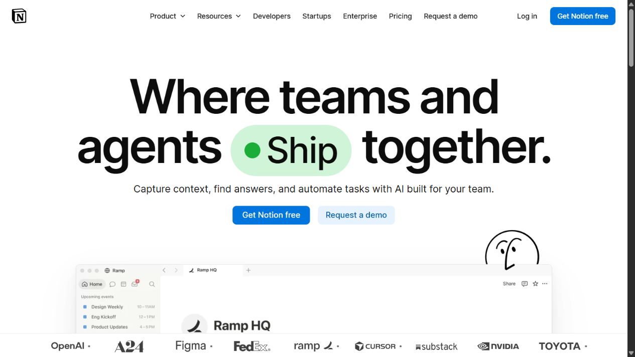 Notion official enterprise homepage showing its connected knowledge and work platform