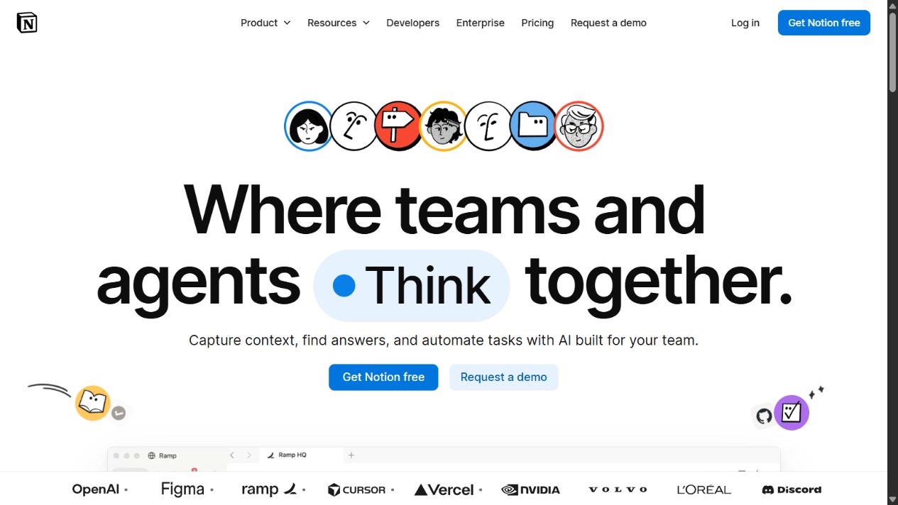 Notion&rsquo;s official homepage showing its connected workspace for knowledge and projects