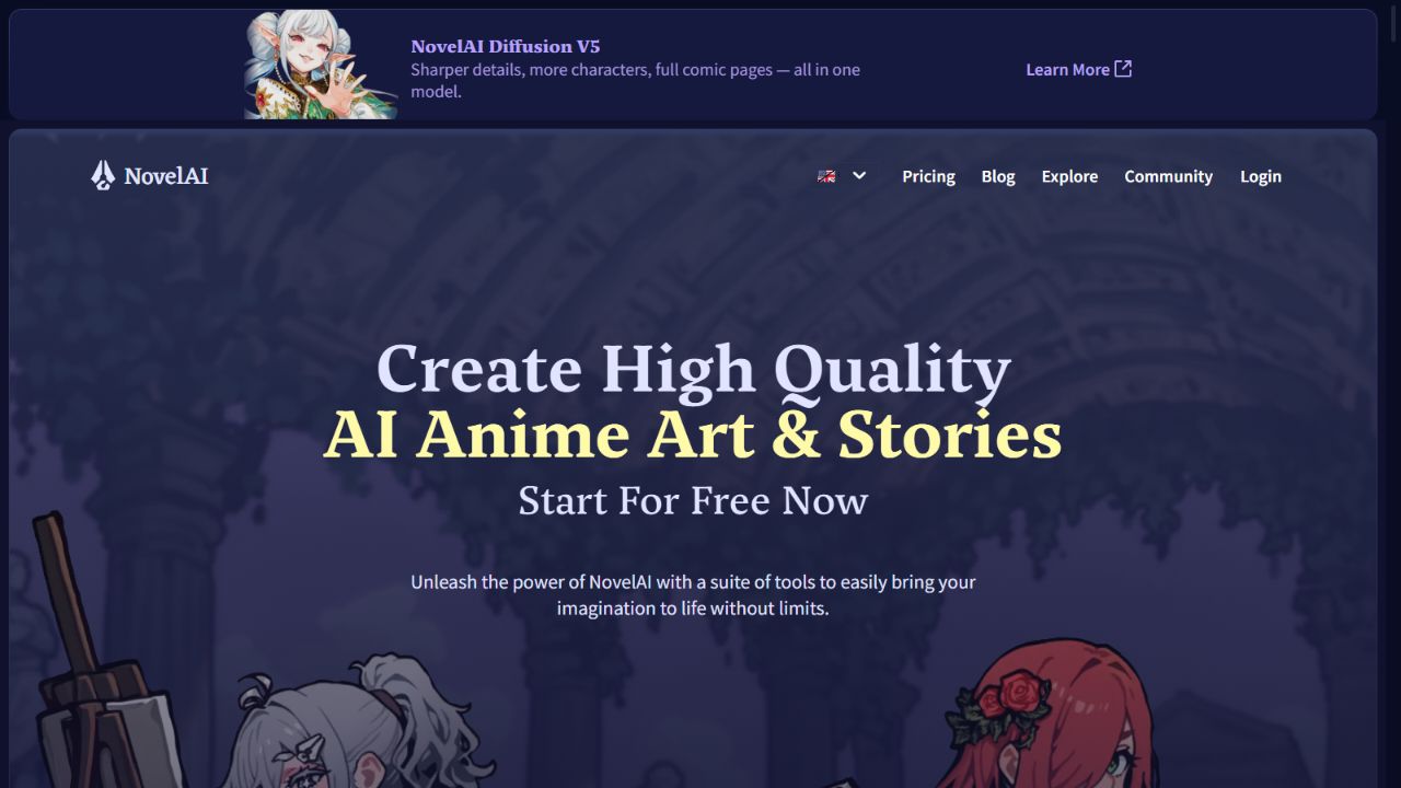 NovelAI homepage presenting anime art and storytelling tools