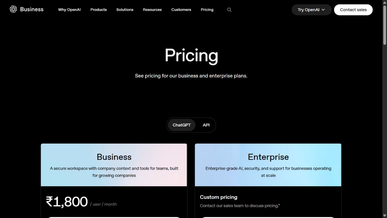 OpenAI official Business pricing page showing ChatGPT Business and Enterprise plans