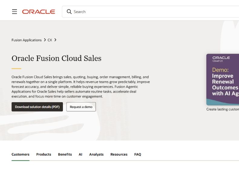 Oracle Fusion Cloud Sales official homepage showing sales and quote-to-cash alignment