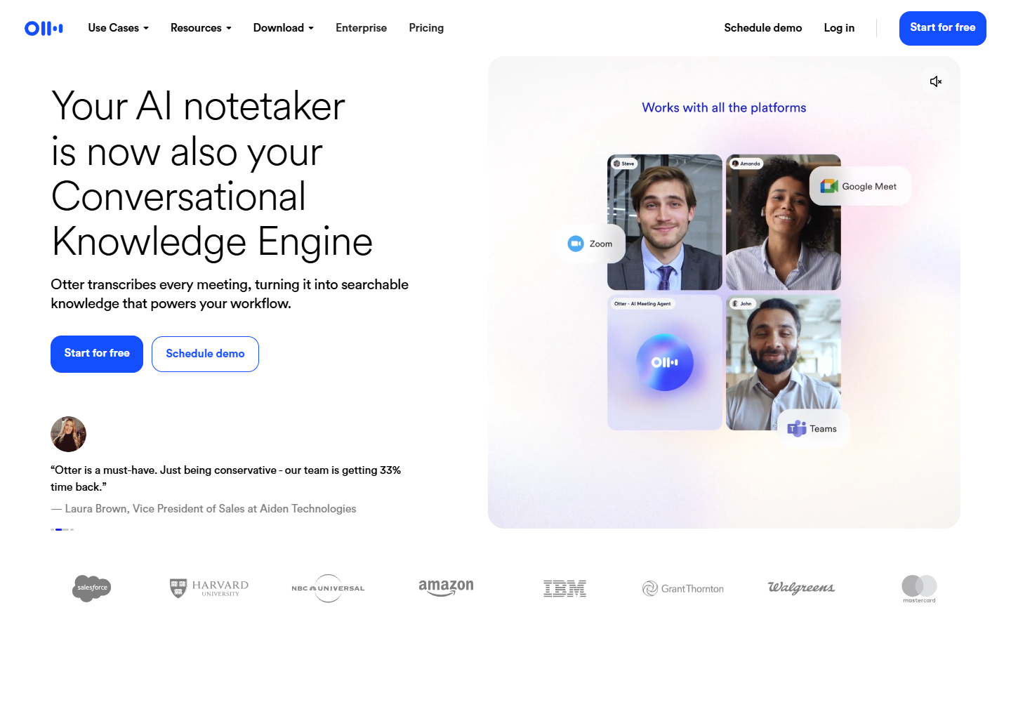 Otter official homepage showing meeting transcription and conversational knowledge workflows