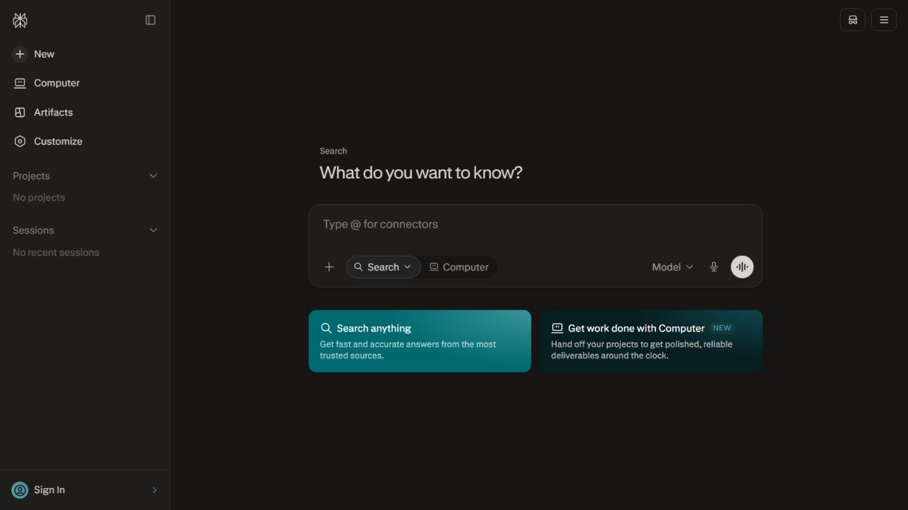 Perplexity official homepage showing its answer and research interface