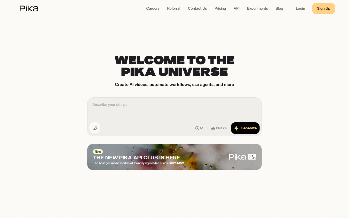 Pika official homepage showing its AI video creation workspace