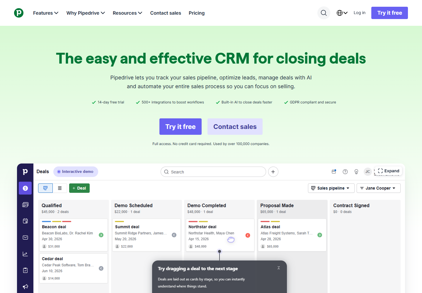 Pipedrive official homepage showing its visual sales pipeline positioning