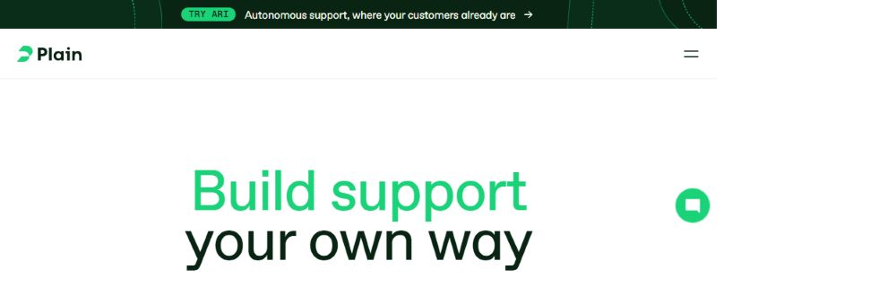 Plain official homepage showing its configurable customer support platform