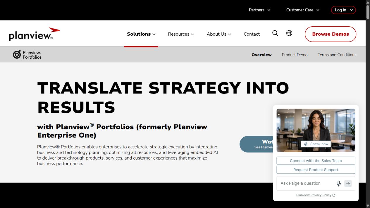 Planview Portfolios official homepage showing its strategy-to-results platform
