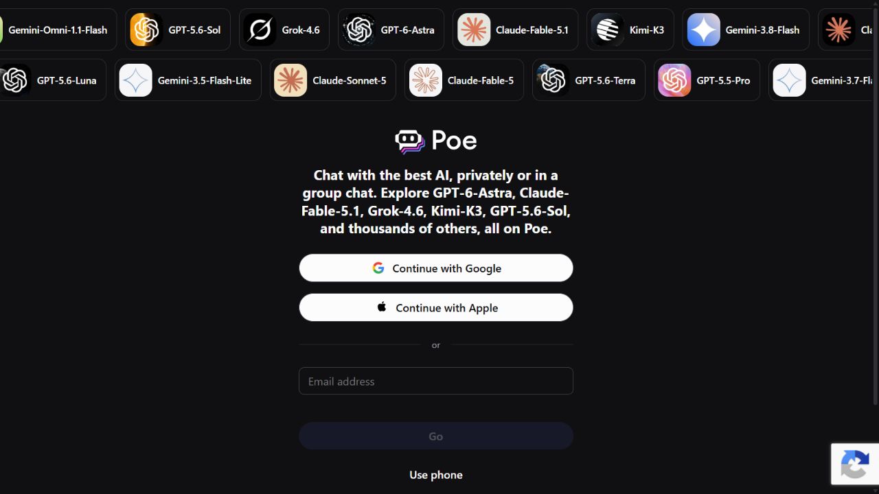 Poe official entry screen showing its multi-model AI offering