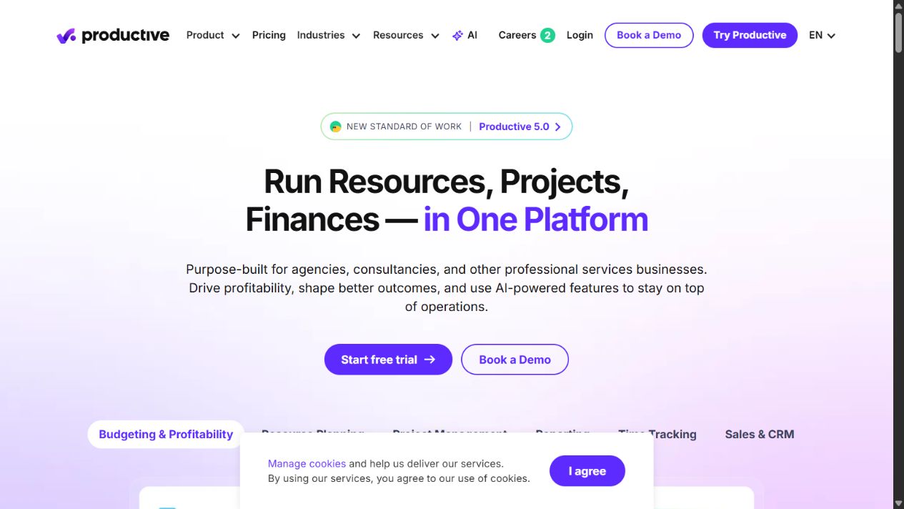 Productive official homepage showing remote team budgets, resources, projects, and profitability