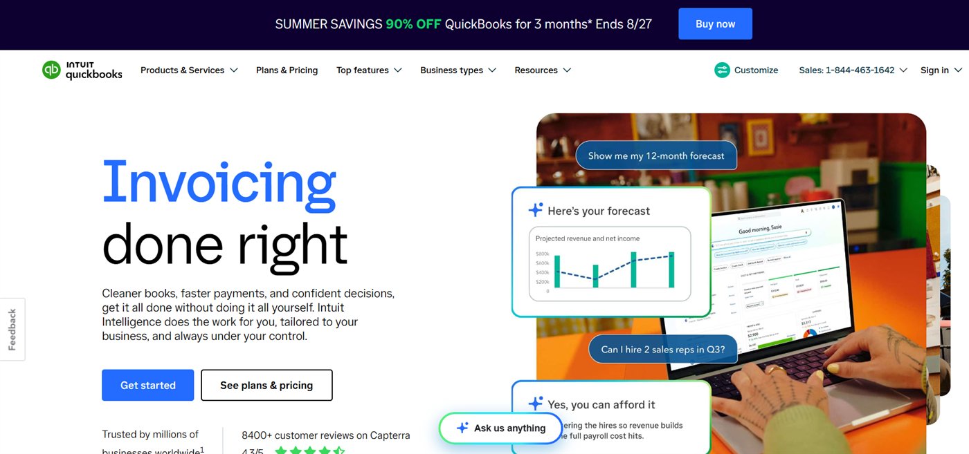 QuickBooks official homepage showing its small-business invoicing and forecasting experience