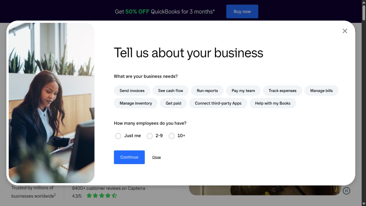 QuickBooks official homepage showing its small-business accounting platform