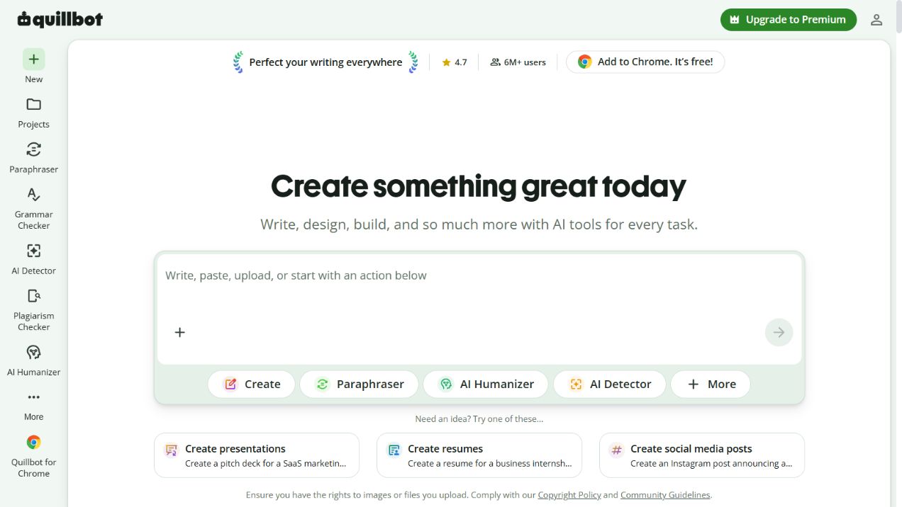 QuillBot official homepage showing its writing and creation workspace