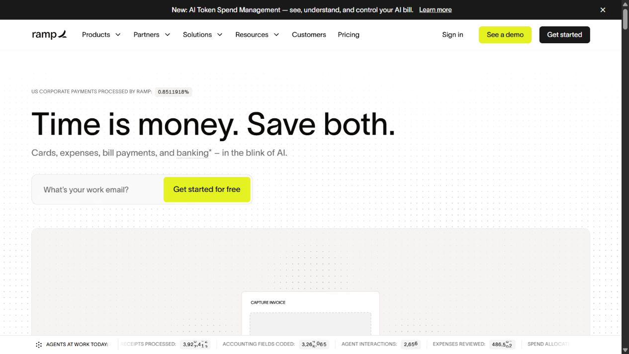Ramp official homepage showing cards, expenses, bill payments, and finance automation