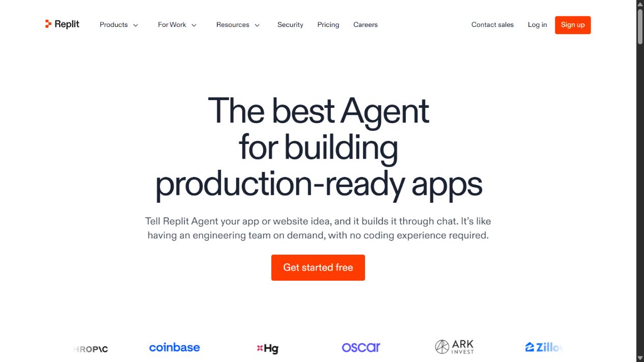 Replit Agent official homepage showing its prompt-to-app development platform