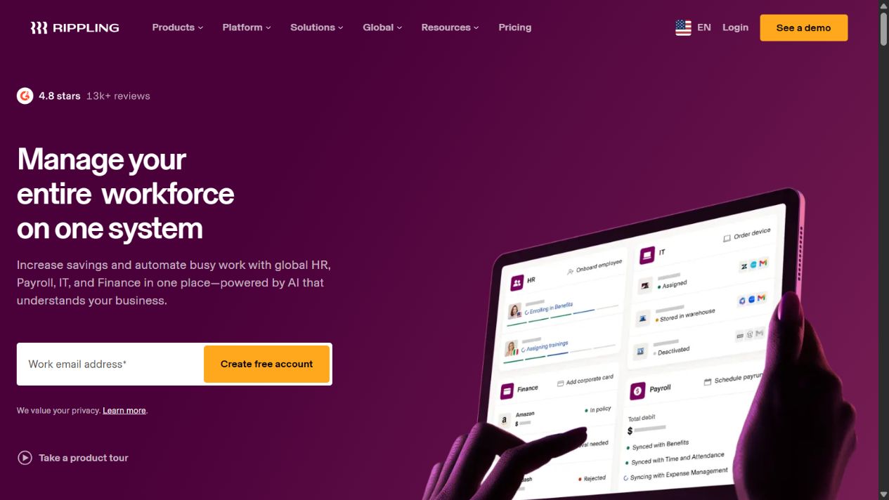 Rippling official homepage showing its workforce management platform